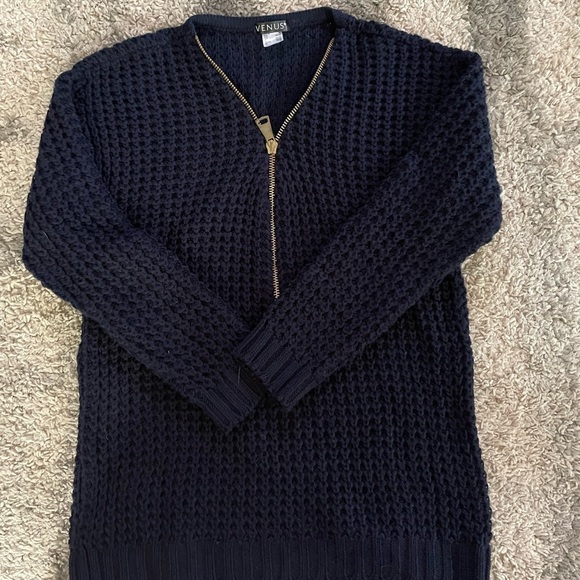 VENUS Sweaters - Venus Navy Blue Sweater with gold zipper